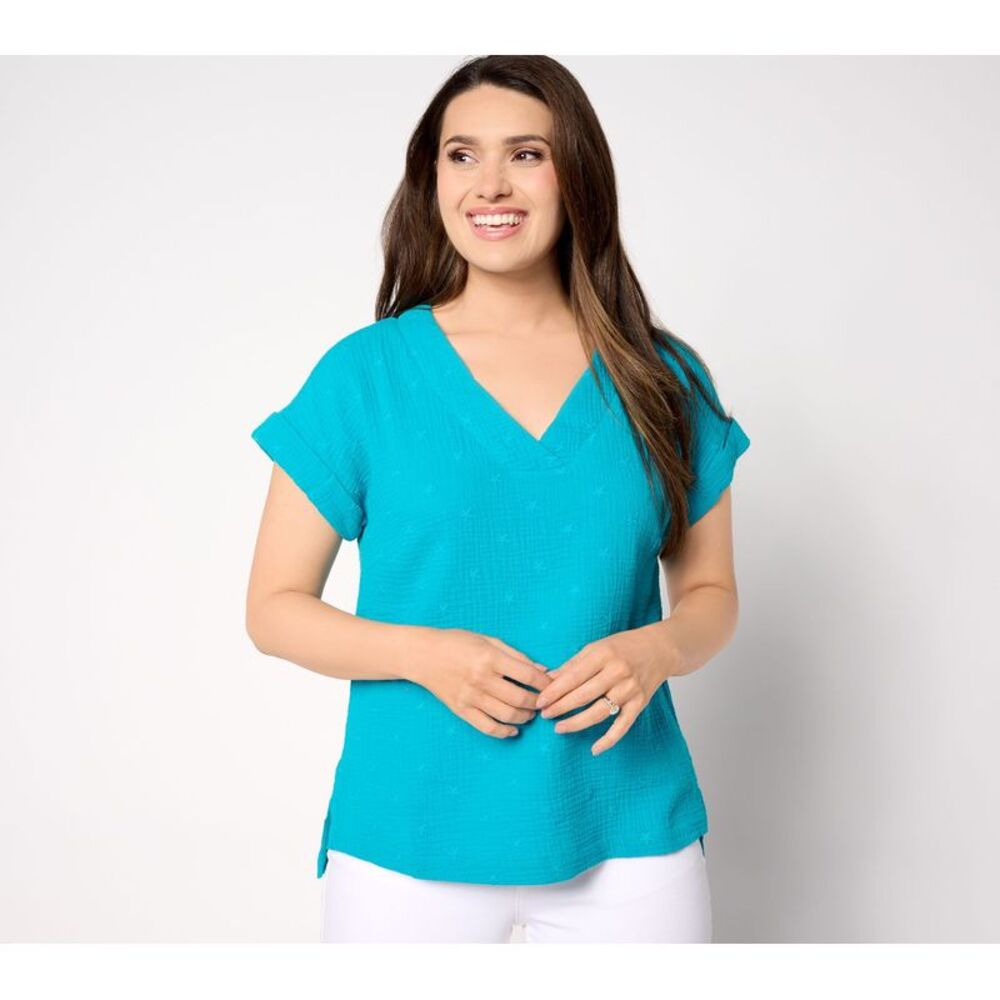 Gloria Vanderbilt Women's Top Sz S Star Spangled Cotton Gauze V-Neck Blue